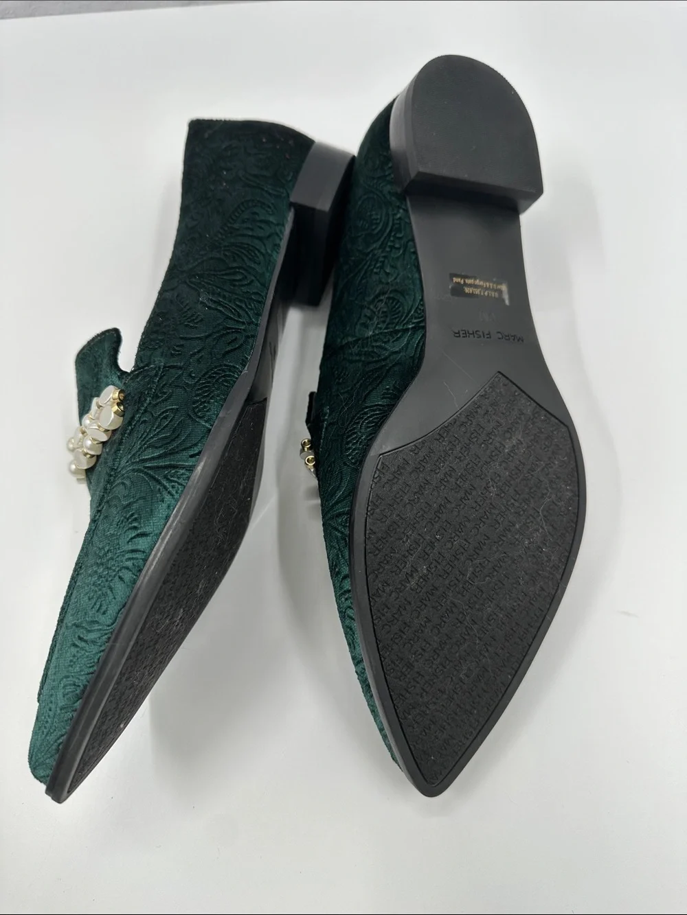 Marc Fisher Kneel Loafers Emerald Green Pearl-Trim Pointed Toe Flats Maximalist